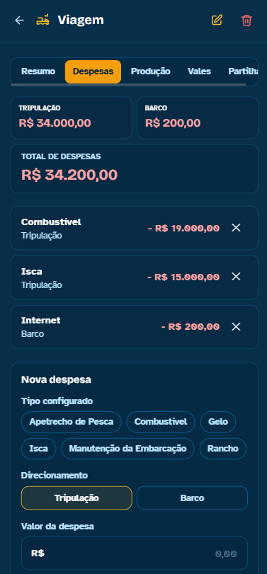 Lançamento de despesa de viagem no celular
